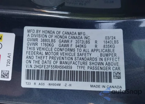 2024 Honda Civic Sport z USA, uszkodzony, nr VIN 2HGFE2F55RH564859